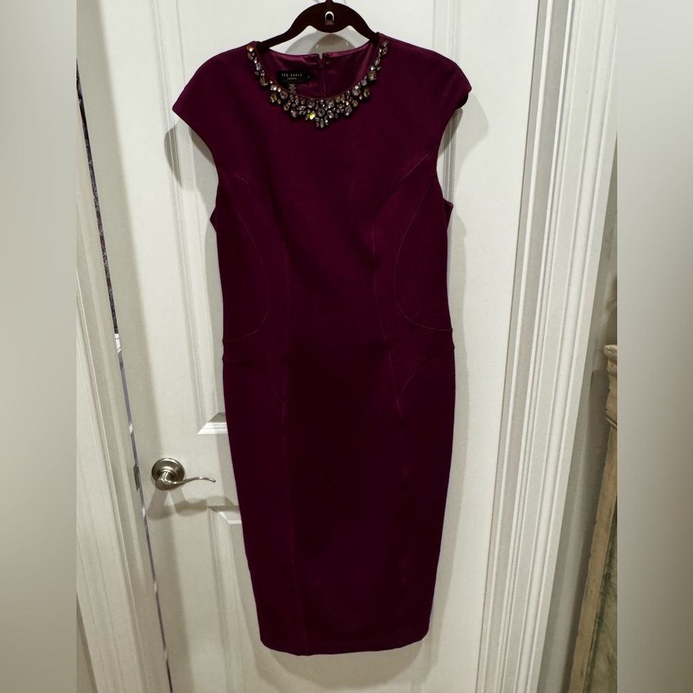 Ted Baker Deep Plum Midi Dress with Embellished Neck